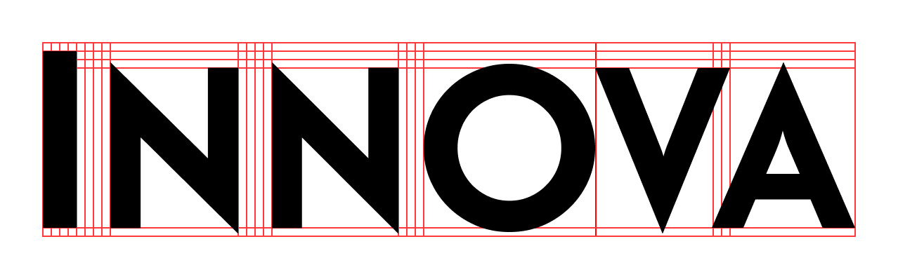 Wordmark INNOVA sobre malha construtiva — guias verticais marcam o módulo (largura do I ÷ 4) que governa o ritmo de cada letra.