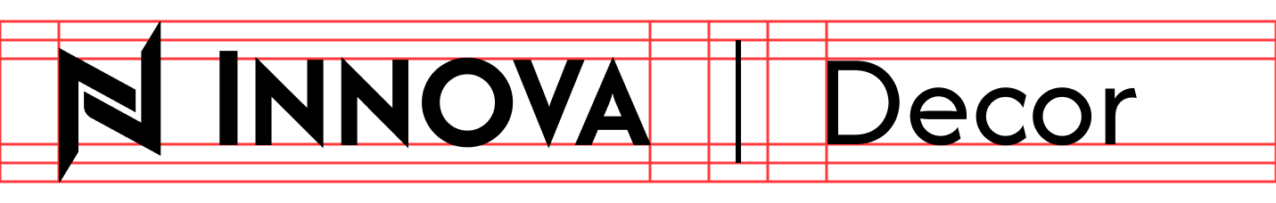 Lockup horizontal Innova Decor sobre malha construtiva, com guias horizontais e verticais em vermelho marcando módulos, área de proteção e posição do divisor