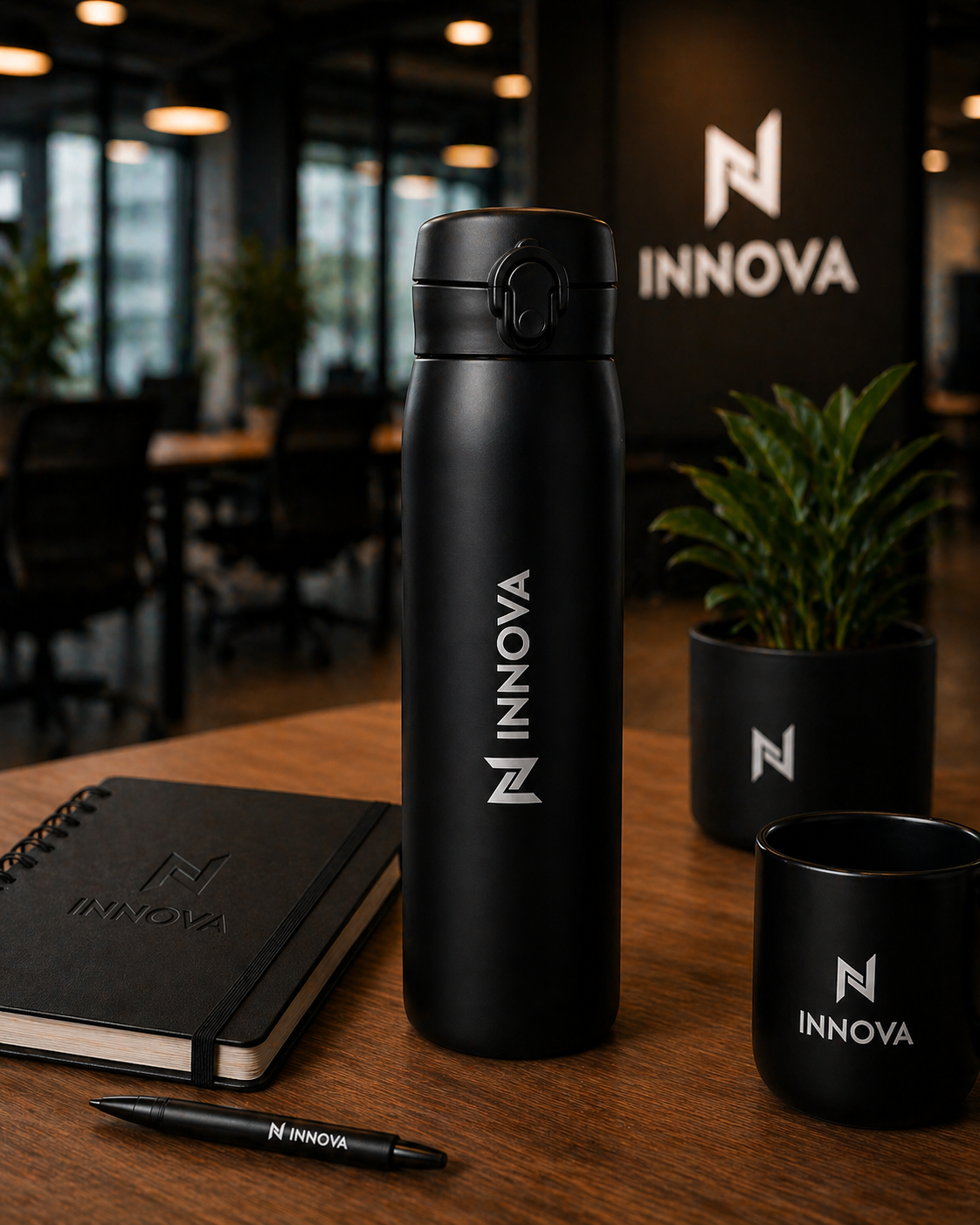 Garrafa térmica, caneca, caderno e vasos com o símbolo Innova sobre superfície de madeira