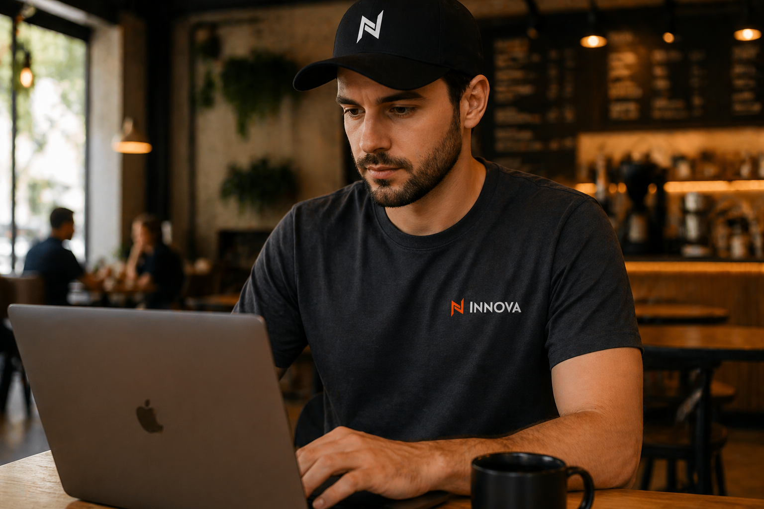 Colaborador com camiseta e boné Innova trabalhando no notebook em uma cafeteria