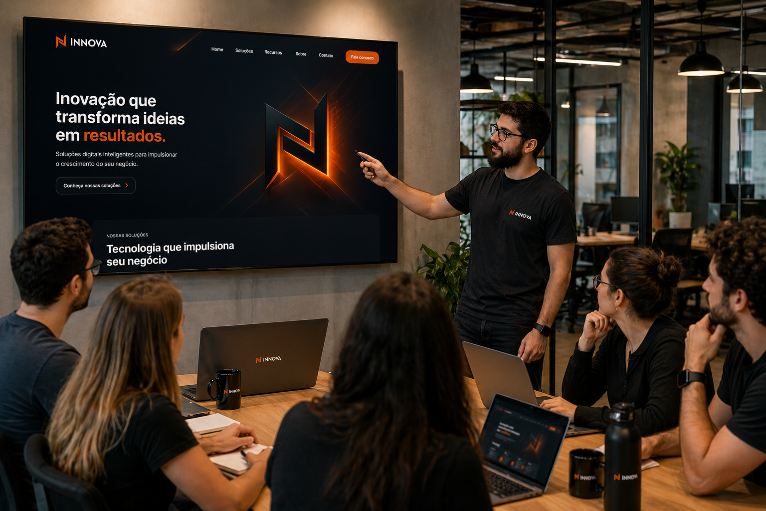 Apresentação corporativa da Innova em sala de reunião, com tela exibindo o site institucional e equipe ao redor da mesa