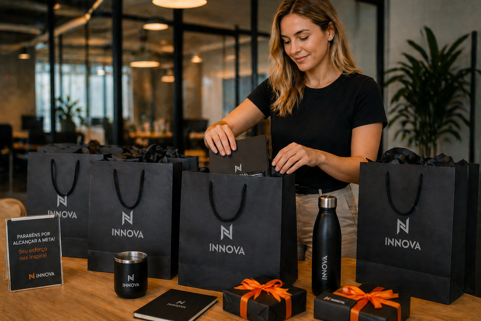 Colaboradora organizando sacolas, cadernos e brindes Innova com placa de Parabéns por alcançar a meta